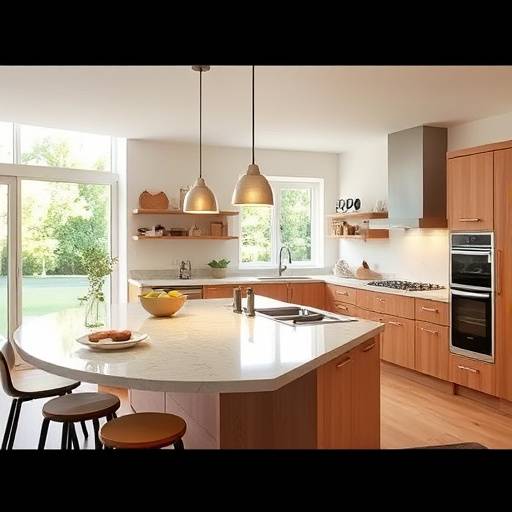 Cuisine ouverte et fonctionnelle avec un &icirc;lot central et des mat&eacute;riaux nobles