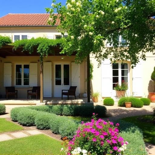 Fa&radic;&sect;ade d'une maison de campagne r&radic;&copy;nov&radic;&copy;e en Provence, avec une terrasse ombrag&radic;&copy;e et un jardin fleuri.