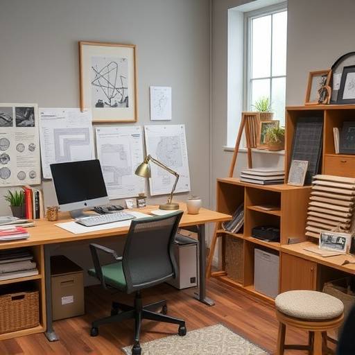 Image repr&radic;&copy;sentant un bureau de Home Comfort, avec des plans et des &radic;&copy;chantillons de mat&radic;&copy;riaux.