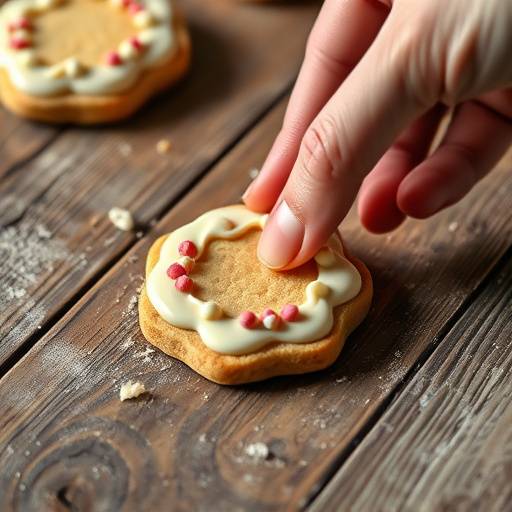 Une main ajustant un cookie d&radic;&copy;coratif sur une table en bois