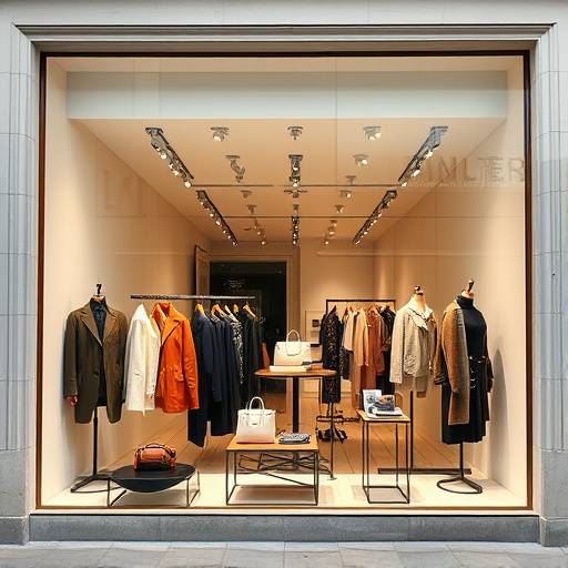 Vitrine d'une boutique de mode moderne et &radic;&copy;l&radic;&copy;gante &radic;&dagger; Bordeaux, avec une disposition soign&radic;&copy;e des produits.