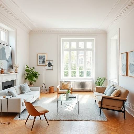 Vue d'ensemble d'un salon lumineux dans un appartement Haussmannien r&radic;&copy;nov&radic;&copy;, avec des moulures d'origine restaur&radic;&copy;es et des meubles modernes.